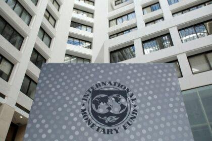 International Monetary Fund logo in its headquarters.