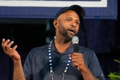 CC Sabathia speaks on microphone