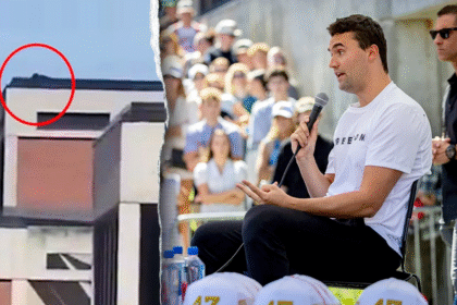 A split image showing Charlie Kirk speaking moments before his death and cellphone video showing a dark-clad figure on a rooftop nearby