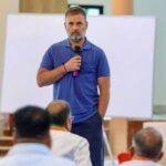 Congress leader Rahul Gandhi interacts with the party's district presidents at a training camp under 'Sangathan Srijan Abhiyan', in Junagadh, Gujarat. (@INCIndia/X via PTI Photo)(@INCIndia)