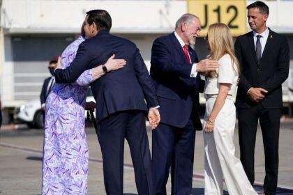 The Rubios being welcomed to Israel by US ambassador to Israel Mike Huckabee and his wife Janet Huckabee. Pic: Reuters