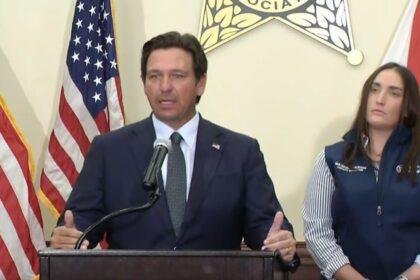Florida Gov. Ron DeSantis and ICE Deputy Director Madison Sheahan during a news conference Friday, Sept. 26, 2025, in Tallahassee, Fla.