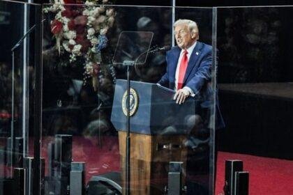 U.S. President Donald Trump speaks onstage during a memorial service for slain conservative commentator Charlie Kirk at State Farm Stadium, in Glendale, Arizona, U.S., (REUTERS)