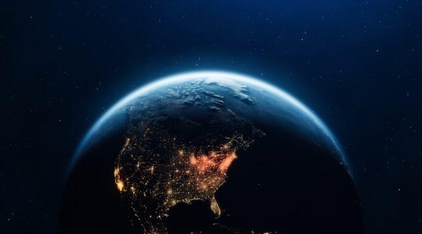 3D Render of Planet Earth with Clouds and Cities Lights. Planet Earth maps courtesy of NASA: https://visibleearth.nasa.gov/images/144875/earth-at-night-black-marble-2012-color-maps-v2.