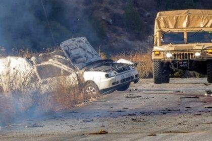 A Lebanese army humvee vehicle is pictured at the site of an Israeli strike on a vehicle on the Khardali road in south Lebanon.(AFP)