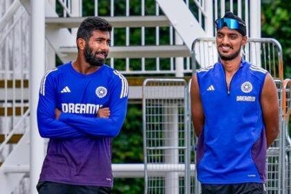 India's Arshdeep Singh and Jasprit Bumrah during a training session(PTI)