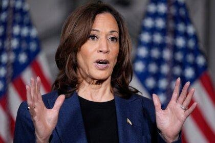 Kamala Harris speaks to reporters