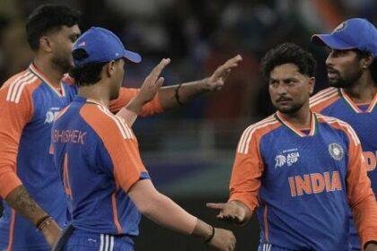 Kuldeep Yadav, second right, celebrates the wicket of UAE's Rahul Chopra during the Asia Cup on Wednesday. (AP)