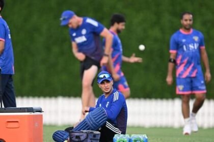 India's Abhishek Sharma (C) attends a practice session ahead of the game against Pakistan at the Asia Cup. (AFP)