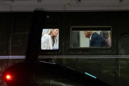 US President Donald Trump speaks with First Lady Melania Trump onboard Marine One after arriving on the South Lawn of the White House in Washington, DC, September 23, 2025, following a trip to New York for the United Nations General Assembly. (Photo by SAUL LOEB / AFP) (Photo by SAUL LOEB/AFP via Getty Images)
