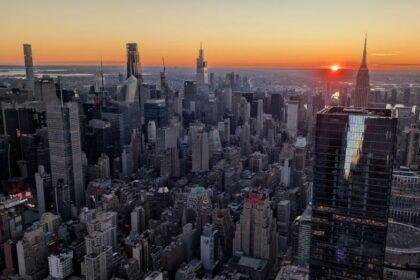 The New York City skyline at sunrise