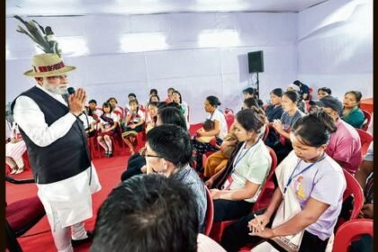 Prime Minister Narendra Modi interacts with violence-hit displaced people in Churachandpur on Saturday. (ANI)
