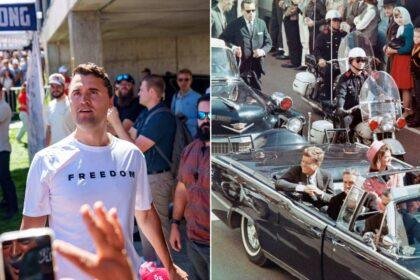 Left split photo of Charlie Kirk, right split photo a photo of JFK in vehicle before he was killed