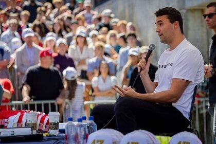 Charlie Kirk speaks to the audience just before he was shot