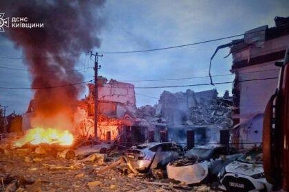 The aftermath of a Russian strike on a neighbourhood outside Kyiv. Pic: State Emergency Service of Ukraine/Reuters