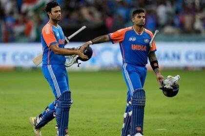 India's captain Suryakumar Yadav, right celebrates with batting partner Shivam Dube after their win in the Asia Cup cricket match against Pakistan(AP)