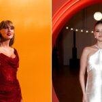 A split of Taylor Swift at the Grammys and Selena Gomez at a Rare Beauty event.