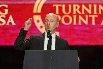 White House deputy chief of staff Stephen Miller speaks at a memorial for conservative activist Charlie Kirk