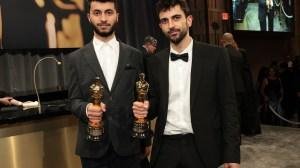 HOLLYWOOD, CALIFORNIA - MARCH 02: (L-R) Basel Adra and Yuval Abraham winners of the Best Documentary Feature award for "No Other Land" attend the 97th Annual Oscars Governors Ball at Ovation Hollywood Complex on March 02, 2025 in Hollywood, California.  (Photo by Monica Schipper/Getty Images)