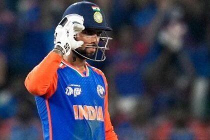 India’s Tilak Varma celebrates his fifty during his unbeaten 69 that steered India to the Asia Cup final win over Pakistan at the Dubai International Cricket Stadium on Sunday. (AP)
