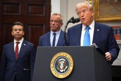 President Donald Trump (R), accompanied by Health and Human Services Secretary Robert F. Kennedy Jr. (C) and Food and Drug Administration Commissioner Dr. Marty Makary, delivers an announcement on significant medical and scientific findings for Americas children in the Roosevelt Room of the White House on September 22, 2025 in Washington, DC.