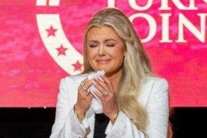 Erika Kirk, chief executive officer of Turning Point USA, during a memorial service for Turning Point USA founder Charlie Kirk.(Bloomberg)