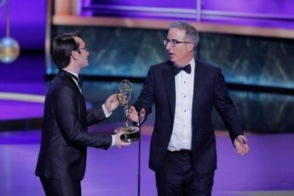John Oliver reacts after winning the award for Outstanding Scripted Variety Series for "Last Week Tonight with John Oliver" at the 77th Primetime Emmy Awards in Los Angeles, California, U.S., September 14, 2025. (REUTERS)