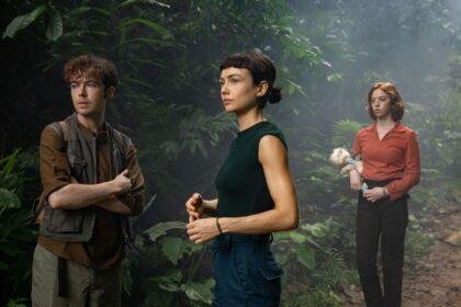 Alex Lawther as Hermit Sydney Chandler as Wendy Lily Newmark as Nibs in a jungle setting