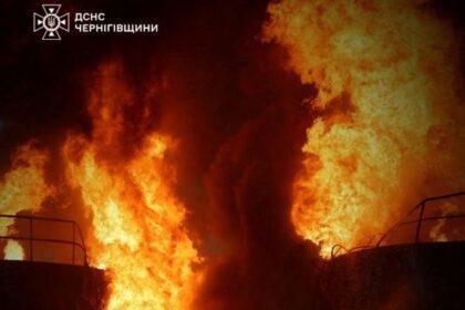 Firefighters tackle the blaze in Chernihiv. Pic: Volodymyr Zelenskyy via Reuters