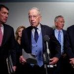 Senate Judiciary Committee Chairman Chuck Grassley speaks to reporters, accompanied by Senators Bill Hagerty, Marsha Blackburn, Tommy Tuberville, and Ron Johnson.