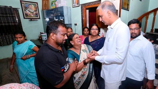 BRS MLA Harish Rao Thanneeru meets bereaved family members of Pole Chandrashekar, an Indian student from Hyderabad who was killed on Friday night in Dallas, USA,(@BRSHarish)