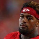 Josh Simmons of the Kansas City Chiefs watches a game from the sidelines during the second quarter during the NFL Preseason 2025.(Getty Images via AFP)