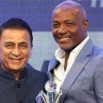 Indian cricket legend Sunil Gavaskar (L) presents the lifetime achievement award to ex-West Indies stalwart Brian Lara at the CEAT awards in Mumbai on Tuesday. (PTI)