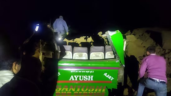 The bus, moving from Marottan to Ghumarwin, was carrying around 30 passengers when boulders hit it, around 6.30 pm.(HT Photo)