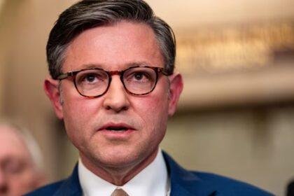 US House Speaker Mike Johnson at a news conference at the US Capitol in Washington, DC.(Bloomberg)