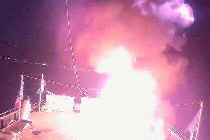 A screengrab from handout CCTV footage shows a fire that struck the Alma, a vessel of the Global Sumud Flotilla, in the waters off the coast of Tunisia, Sept. 9, 2025.