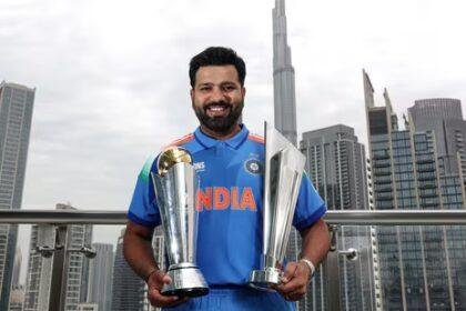 Rohit Sharma poses with the ICC trophies he won as captain.(ICC- X)