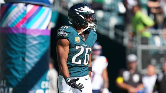 Saquon Barkley of the Philadelphia Eagles celebrates a touchdown pass.(Getty Images via AFP)