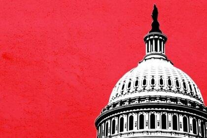 render of the US Capitol dome on red background