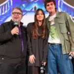 (Left to right): Guillermo del Toro, Mia Goth, and Jacob Elordi at a surprise screening of 'Frankenstein' for Beyond Fest at American Cinematheque