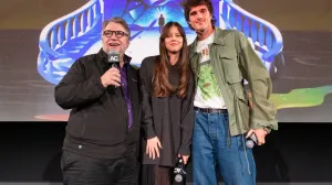 (Left to right): Guillermo del Toro, Mia Goth, and Jacob Elordi at a surprise screening of 'Frankenstein' for Beyond Fest at American Cinematheque