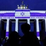 In Berlin, the Brandenburg Gate lit up with a call for the release of hostages held by Hamas in Gaza. Pic: Reuters
